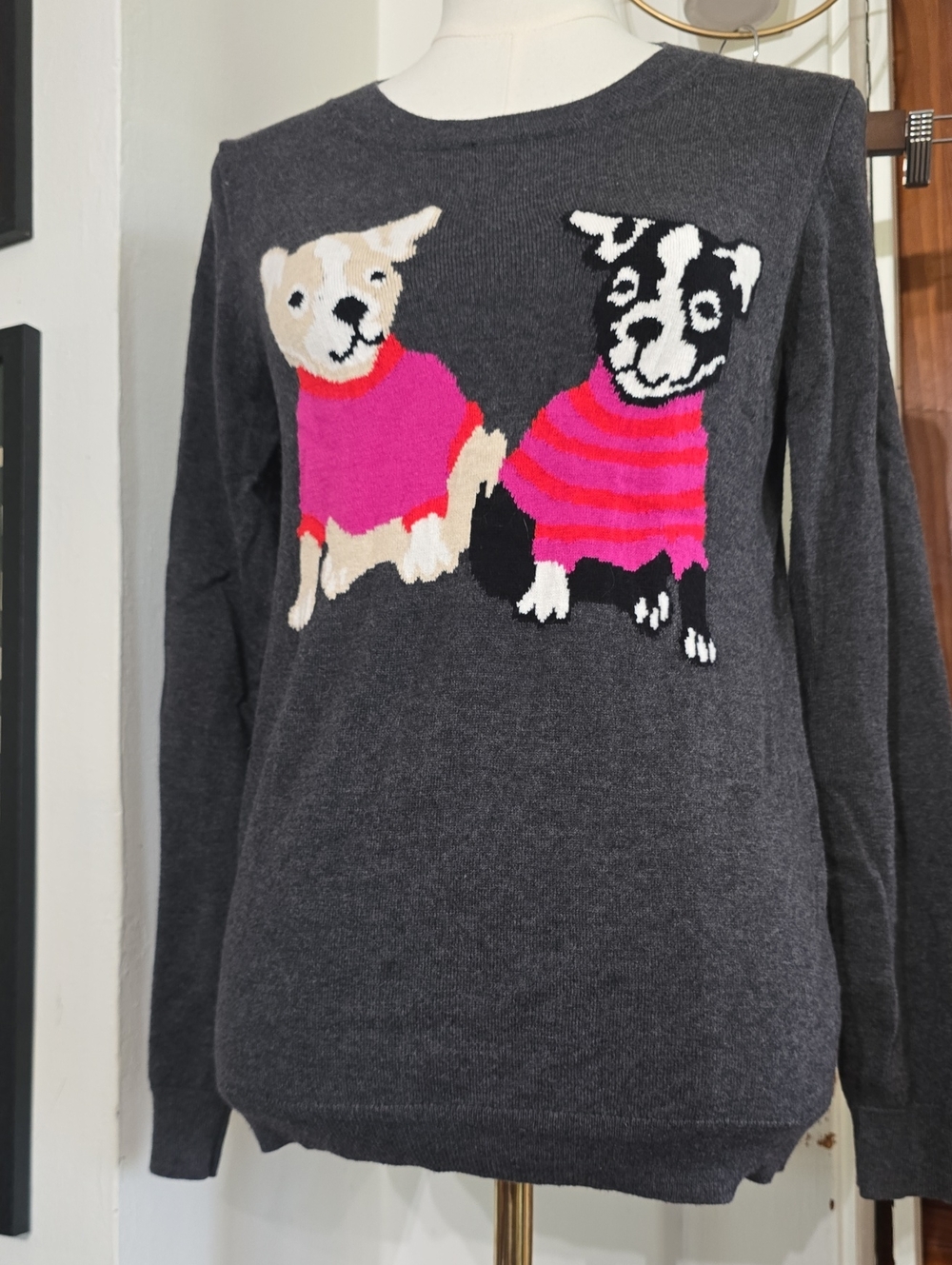 J. Crew Charcoal Crewneck Sweater with Playful Dog Intarsia